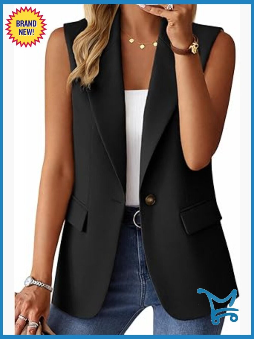 Lightweight Sleeveless Blazer Vest - Notch Lapel Office Work Top with Pockets